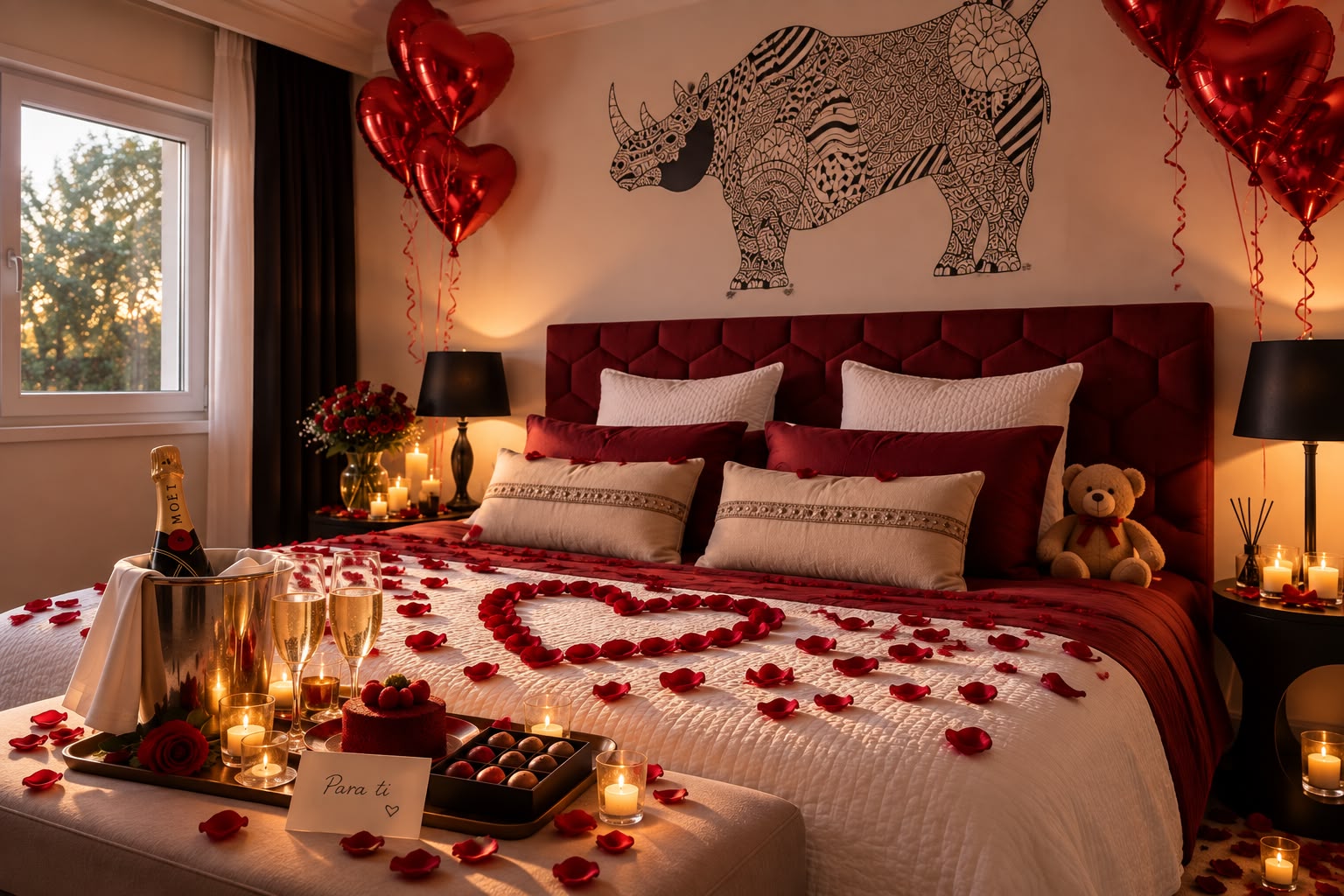Decoración romántica de la habitación con globos, velas y pétalos